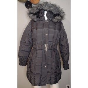 Betsey Johnson Puffer Coat Jacket Medium Gray Mid Length Belt Faux Fur Hood